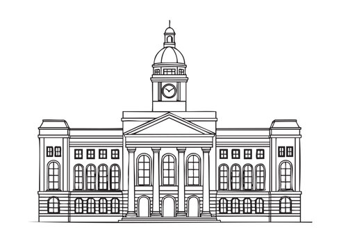 Black outline drawing of a classic historical courthouse building with a central dome and clock, showcasing symmetrical architectural features.