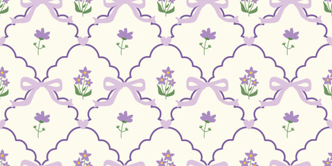 Coquette Floral trellis seamless pattern with bows and ribbons. Preppy spring summer hand drawn flowers. Botanical elegant trendy print. Vintage design for fabric, wallpaper, decor, background, paper