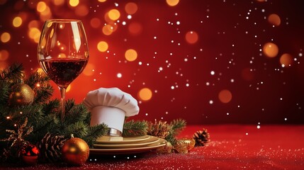 Restaurant Christmas and New Year Background with Wine Glass and Chef Hat — Mockup with Copy Space for Logo and Text