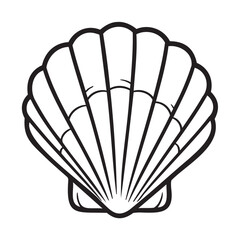 Black outline vector icon of a scallop shell with symmetrical lines. minimal design ideal for marine, ocean, and nautical themes.