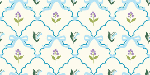 Coquette Floral trellis seamless pattern with bows and ribbons. Preppy spring summer hand drawn flowers. Botanical elegant trendy print. Vintage design for fabric, wallpaper, decor, background, paper