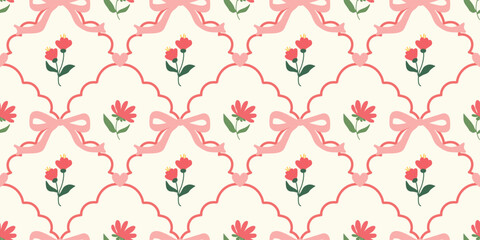 Coquette Floral trellis seamless pattern with bows and ribbons. Preppy spring summer hand drawn flowers. Botanical elegant trendy print. Vintage design for fabric, wallpaper, decor, background, paper