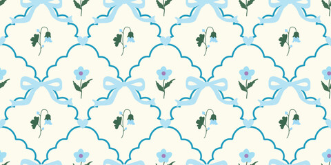 Coquette Floral trellis seamless pattern with bows and ribbons. Preppy spring summer hand drawn flowers. Botanical elegant trendy print. Vintage design for fabric, wallpaper, decor, background, paper