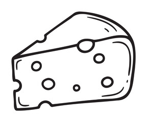 Black outline drawing of a cheese wedge with round holes, angled view. simple linear design suitable for dairy and food concepts.
