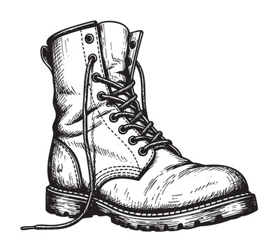 Detailed black and white sketch of a single combat boot with prominent laces and sturdy sole, symbolizing durability and adventure.