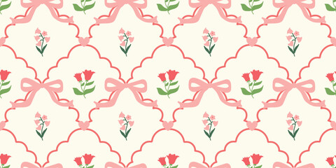 Coquette Floral trellis seamless pattern with bows and ribbons. Preppy spring summer hand drawn flowers. Botanical elegant trendy print. Vintage design for fabric, wallpaper, decor, background, paper