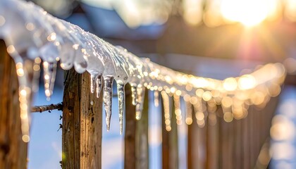 Close-up of a wooden fence covered in icicles, glistening in the bright sunlight on a winter's day. Blurred background adds depth