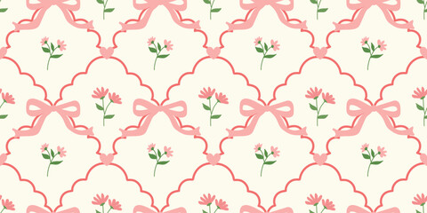 Coquette Floral trellis seamless pattern with bows and ribbons. Preppy spring summer hand drawn flowers. Botanical elegant trendy print. Vintage design for fabric, wallpaper, decor, background, paper
