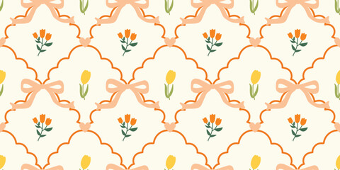Coquette Floral trellis seamless pattern with bows and ribbons. Preppy spring summer hand drawn flowers. Botanical elegant trendy print. Vintage design for fabric, wallpaper, decor, background, paper