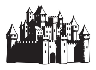 Obraz premium Black outline icon of a medieval castle with multiple towers and turrets in an intricate design. suitable for architecture and history concepts.