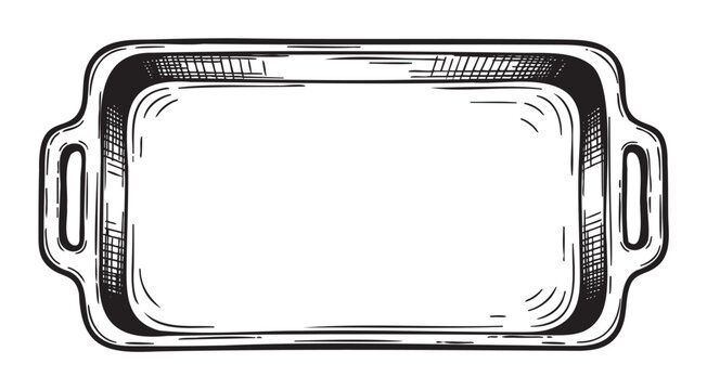 Black outline image of a rectangular baking tray with side handles viewed from above, featuring detailed shading and texture.