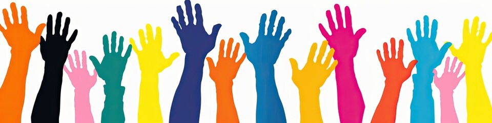 Fototapeta premium Diverse hands raised high on white backdrop used for vote, volunteering, support