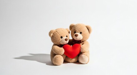 Two Cute Teddy Bears Holding a Red Heart Against White Background