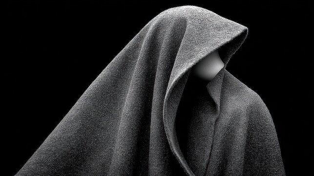 Mysterious hooded figure shrouded in textured fabric on a stark black background