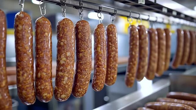 Sausages hanging on a rack in a meat processing facility, food production.