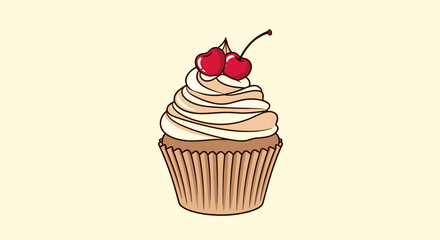 A delicious frosted cupcake with two cherries on top.