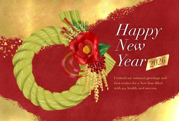 赤色と金色が華やかな背景とお正月飾りのおしゃれな年賀はがきテンプレート　2026年