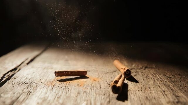 Cinematic slow motion close-up of cinnamon sticks falling onto a rustic wooden surface. Aromatic and warm concept for cooking and seasonal themes.