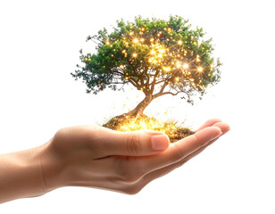 Mano sosteniendo árbol mágico con luces brillantes doradas para concepto de cuidado ambiental
