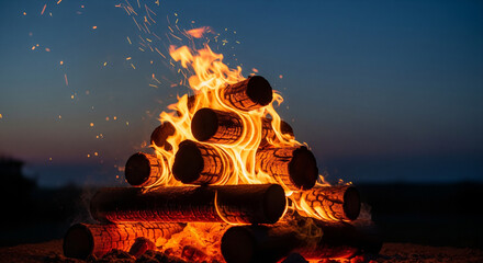A vibrant outdoor shot of a perfectly stacked bonfire burning brightly against a dark twilight sky. The thick logs are arranged in a pyramid, engulfed in large, intense orange and yellow flames, with 