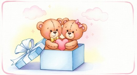 Cute Watercolor Illustration of Two Teddy Bears with Heart in a Gift Box