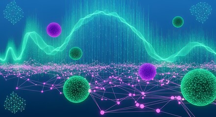 Dynamic Digital Network: Glowing Spheres, Connected Nodes, and Teal Waveform on a Deep Blue Background