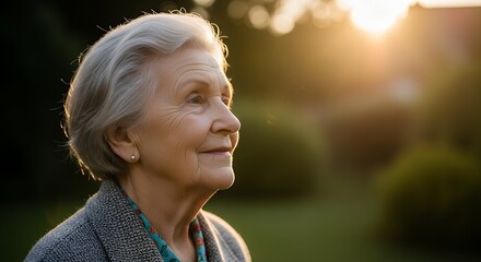 Elderly Woman Gazing Upward, Golden Hour Sunlight, Serene Portrait, Hopeful Expression.