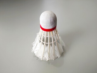 Close-up of a white feather badminton shuttlecock with a red band on a light grey surface, illuminated by soft natural light.