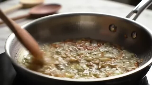 Cooking process of sauteed vegetables with wooden spoon in stainless steel pan