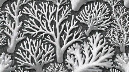 Dense array of white branching formations over a dark, textured background