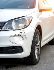 Close-up front view of a white vehicle with a dent and scratches on the front bumper, showcasing damage and sunlight
