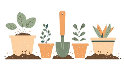 Seedlings in Pots with Shovel, Indoor Gardening, Hobby or Education, Isolated