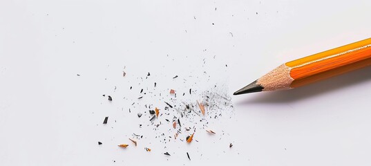 Sharpened pencil on paper; shavings scattered. Use for writing, drawing, study
