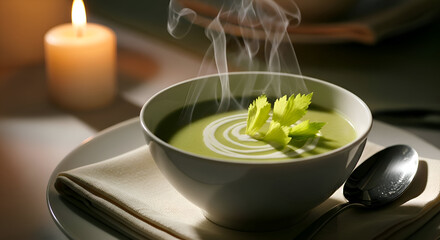 A comforting bowl of green soup with fresh celery and a lit candle on a table