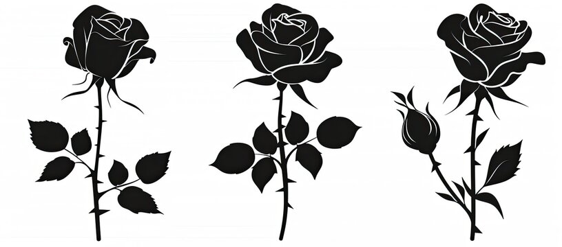 Three silhouette roses on white background for card design or decor use