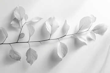 Twig with leaves on white backdrop for nature-related designs, art, or backgrounds