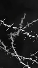 Twisted barbed wire security barrier. Black background for detention or exclusion
