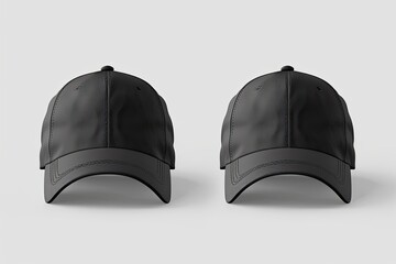 Two black baseball caps on a white background, mockup for designs, promotion