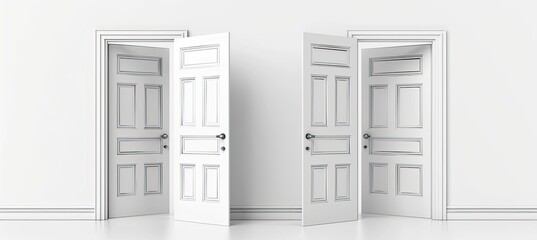Two open doors in a white room represent choices and opportunity concept