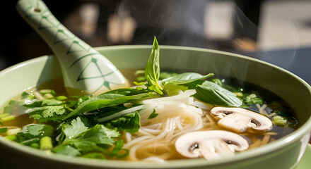 A close up photo of a flavorful bowl of pho soup with fresh herbs and mushrooms