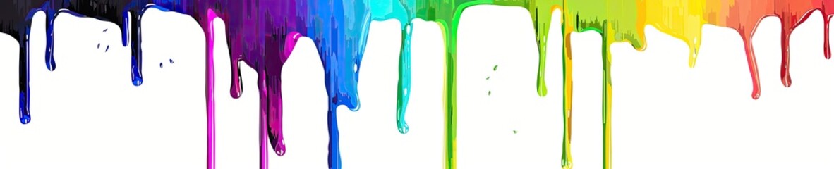 Vibrant streaks of paint drip downwards against a stark white backdrop, showcasing a spectrum of colors from deep indigo to bright yellow, creating a dynamic and visually striking image
