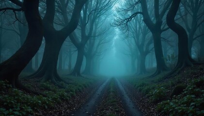 Ominous Forest Path Mist-Shrouded Trees and Impending Danger in a Dark Thriller Setting