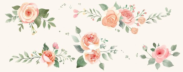 Watercolor roses bouquets on beige. Use for wedding invitations, cards, prints