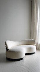 White Unique Sofa, modern furniture, minimalistic interior, curtains background, ads