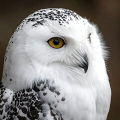 Obraz premium Close-up profile captures a majestic owl with striking yellow eyes, white feathers, and dark speckled markings. Bokeh background