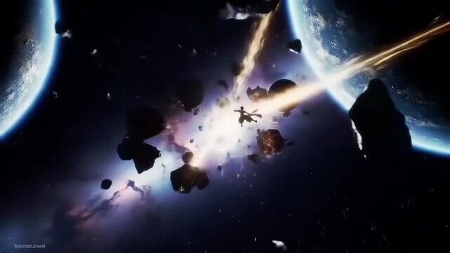 Cosmic explosion asteroids and spaceship in a dramatic cinematic scene
