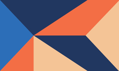 Modern geometric abstract background with a dynamic color block pattern. Combination of triangular and trapezoidal shapes in blue, orange, navy, and beige colors.