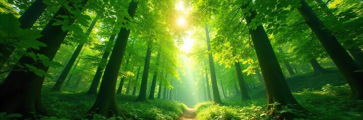 Serene Dappled Sunlight Filtering Through Lush Green Forest Canopy Tranquil Nature Scene