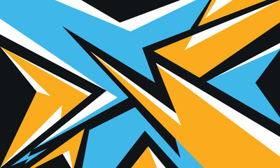 Dynamic abstract speed background with sharp geometric shapes in blue, orange, black, and white for sport designs