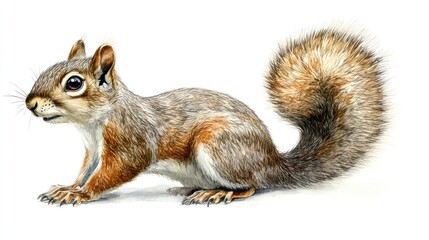 Fototapeta premium Squirrel standing sideways on a white background, used for educational or scientific purposes
